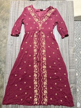 Piper & Scoot Embroidered Wine Maxi Dress with V-Neck